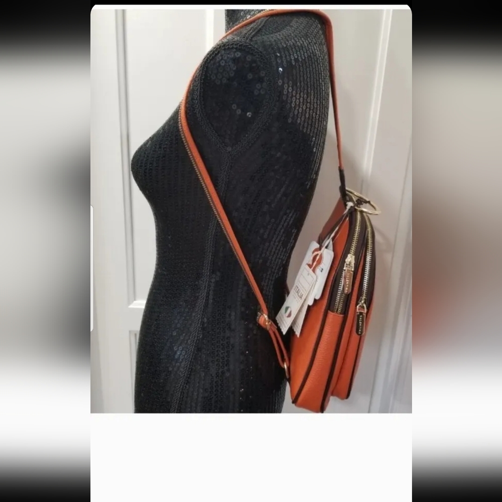 SOLD! 🆕 Valentina Italian Pebbled Leather Orange Backpack Sling/Shoulder Bag - Picture 10 of 14